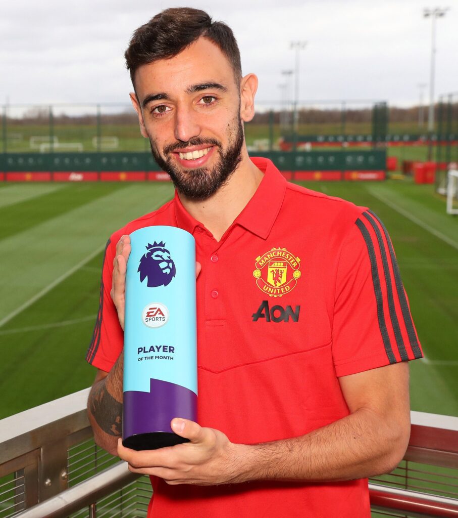 Bruno Fenandes with his June POTM award. Image: Getty Images