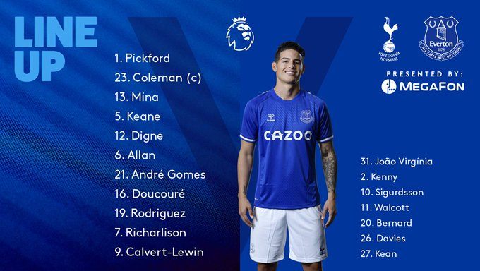 Carlo Ancelotti's Everton starting Line-up against Tottenham on Matchday 1. Credit: Everton Twitter