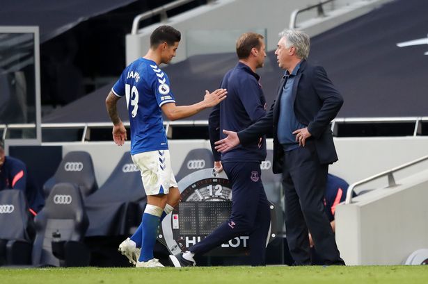 James Rodriguez and Carlo Ancelotti on the sidelines against Tottenham. Image: Getty Images