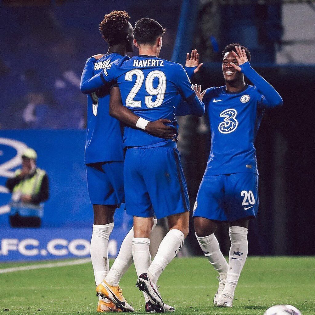 From left, Tammy Abraham, Kai Havertz and Hudson-Odoi celebrating a goal vs Barnsley. Kai Havertz scored a hat-trick