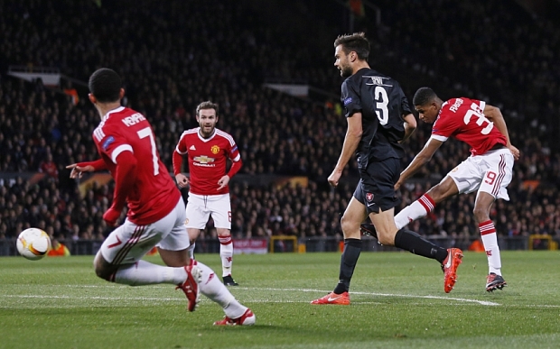 Marcus Rashford in action on his debut against FC Midtjylland. Images via Reuters / Jason Cairnduff.