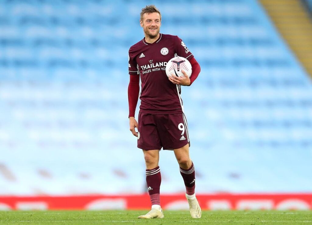 Jamie Vardy after being awarded the match ball vs Manchester City.