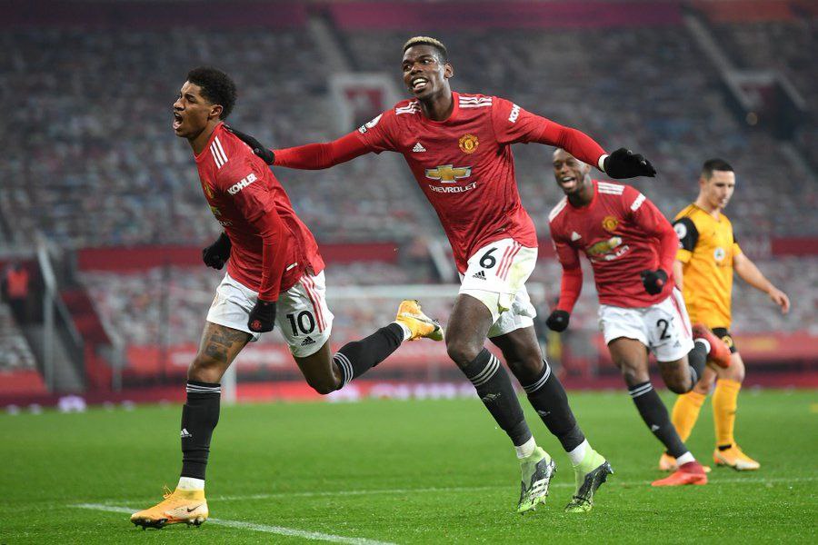 Rashford celebrating a past goal with Pogba and Wan Bissaka vs Wolves. Comparisons have been recently made between Rashford and Mane.