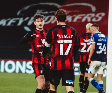 Bournemouth players celebrating their win over Oldham Athletic in the FA Cup
