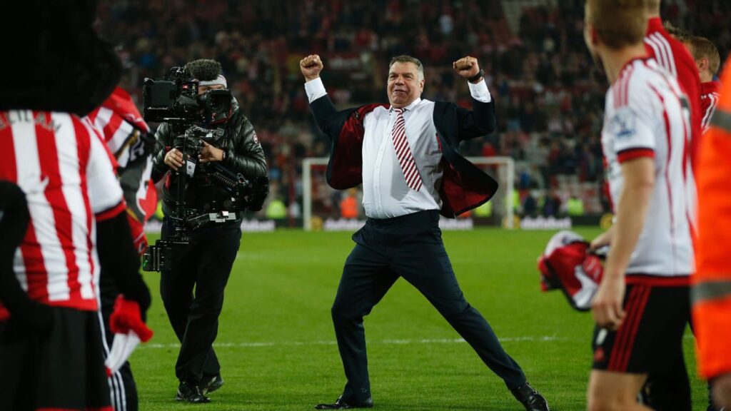 Sam Allardyce celebrating after helping Sunderland secure survival with a 3-0 win over Everton. (Image Credits: Owen Humphreys / PA Wire/Press Association Images)