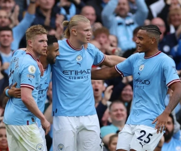 Haaland celebrating with teammates in Brighton match. Credits: Reuters