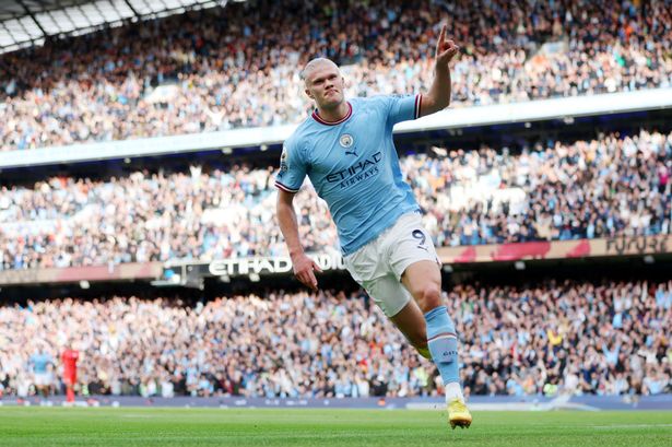 Haaland celebrating his first goal against Brighton.