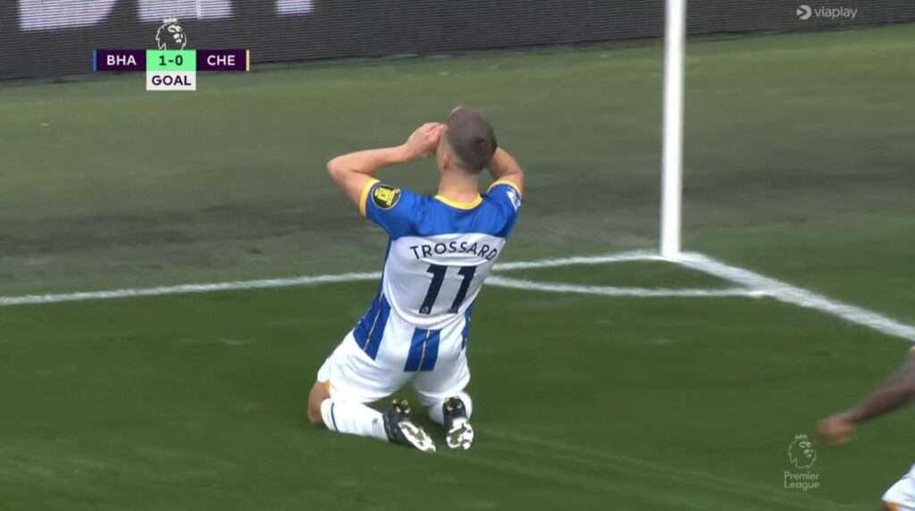 Brighton winger Leandro Trossard celebrates after opening the scoring. Image: Brighton