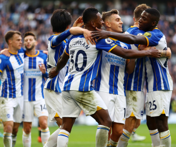 Brighton players celebrating after scoring against Chelsea. Credits: CBS
