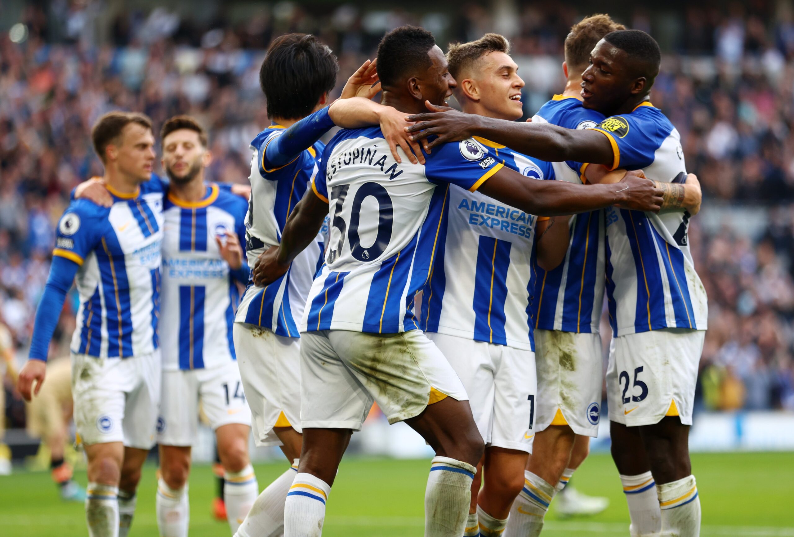 Brighton players celebrating after scoring against Chelsea. Credits: CBS