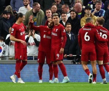 Liverpool players celebrating after scoring against Tottenham. Image: Liverpool