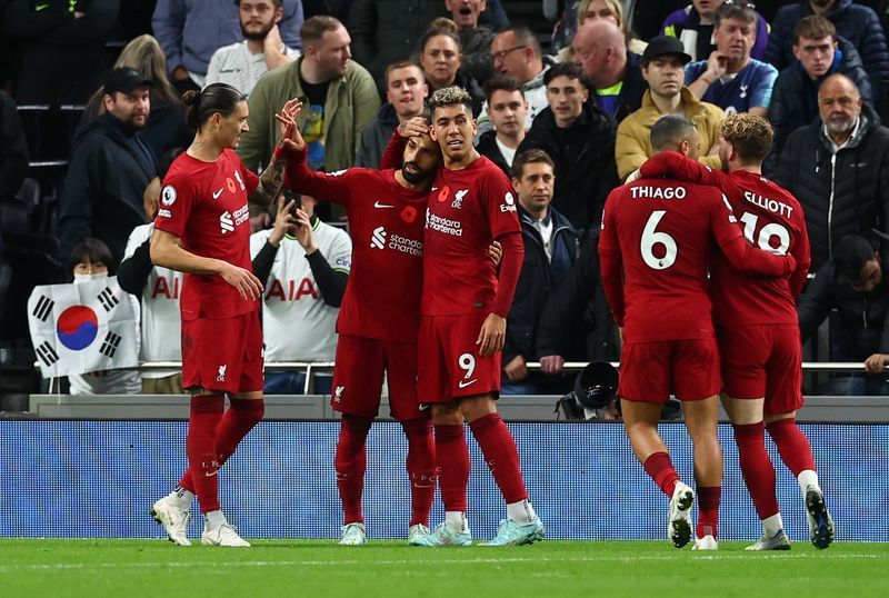 Liverpool players celebrating after scoring against Tottenham. Image: Liverpool