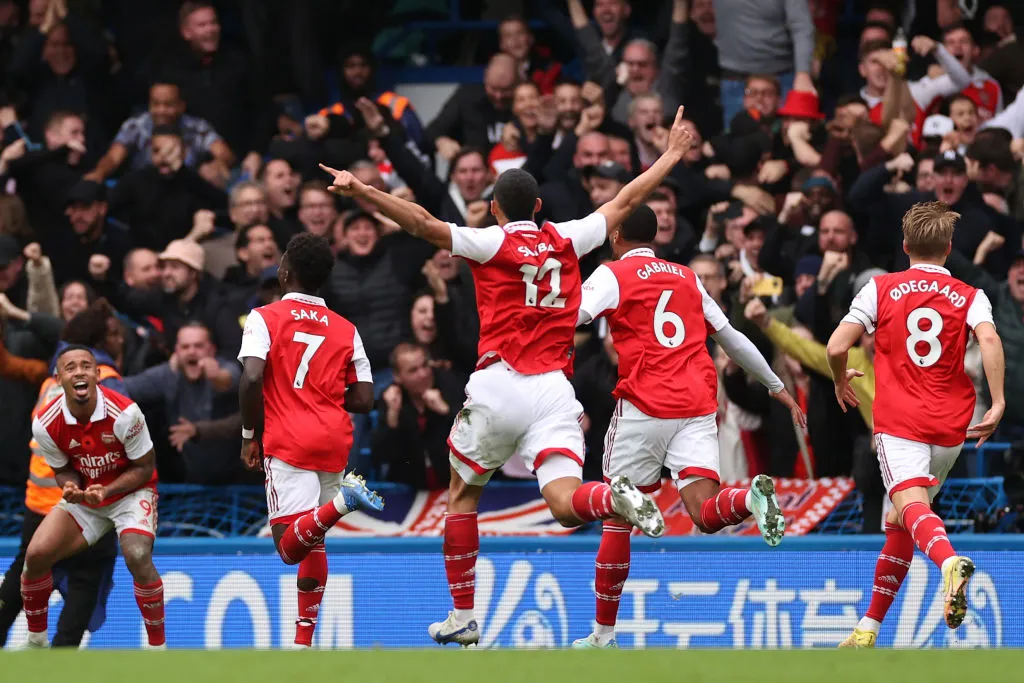 Arsenal players celebrating their goal against Chelsea