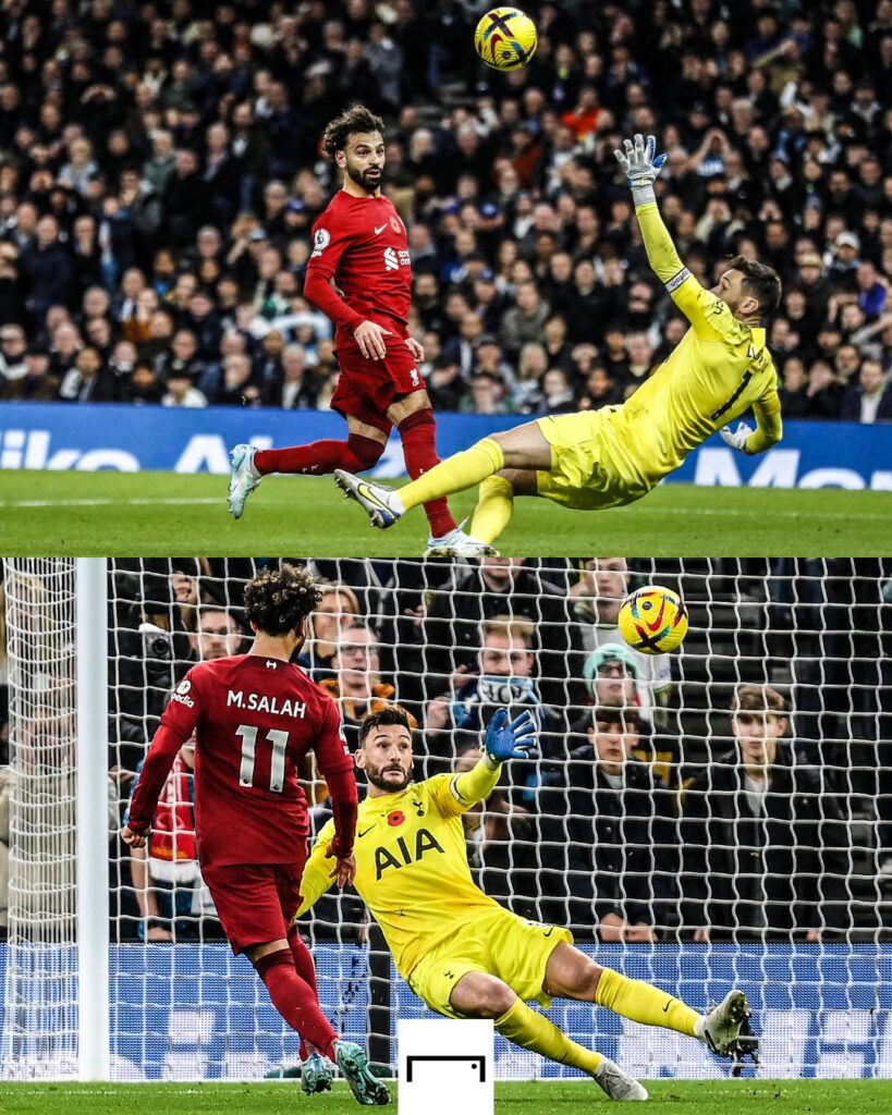 Salah with the dink to score his second against Spurs. Image: Goal