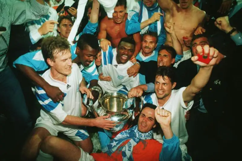 Olympique de Marseille's players celebrate winning the Champions League in May 1993.