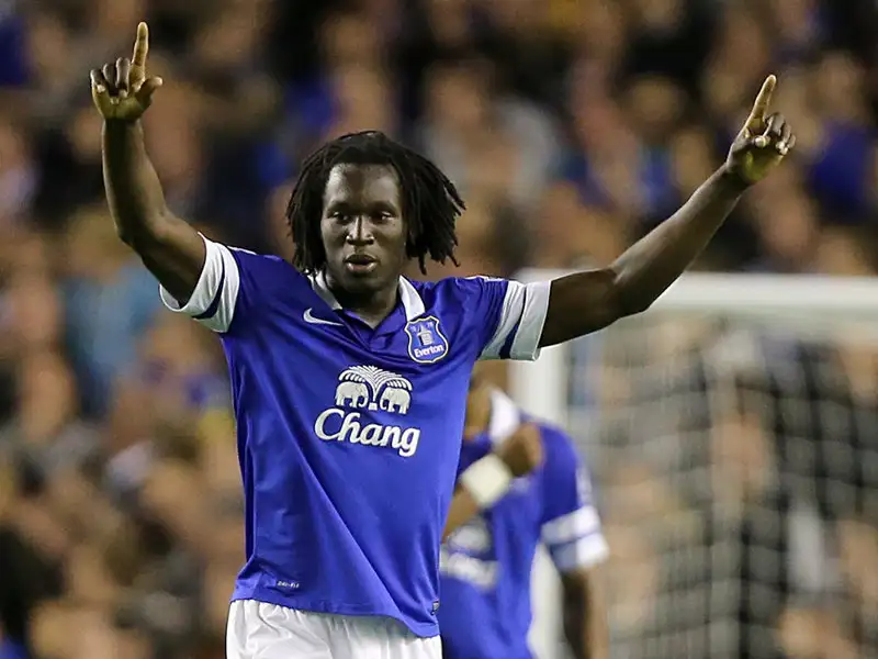 Lukaku celebrating a goal during his early career days at Everton. The Belgian forward had a remarkable run with the Toffees.