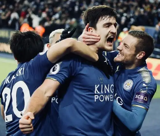 Above: Harry Maguire celebrating with his fellow Leciester teammates at the time after he had scored a goal against Manchester United. The game was a 2:2 draw vs the Red devils.