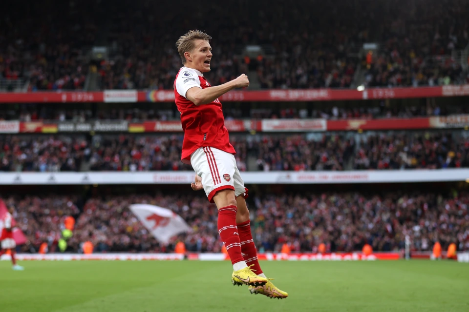 Arsenal captain Martin Odegaard celebrating after scoring the fifth goal against Nottingham Forest. Image: The Sun