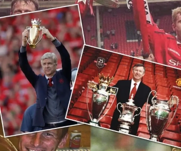 On one side, Arsene Wenger lifting the invincibles trophy, on the other, Ferguson posing with the treble trophies.