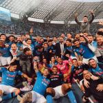 Napoli team celebrate winning the scudetto.