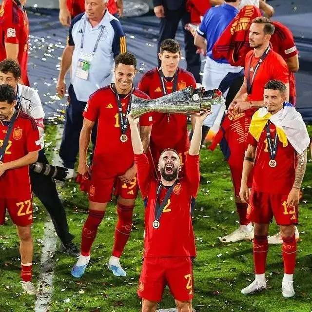 Dani Carvajal celebrates their win over Croatia in the UEFA Nations League finals. He celebrated the win with his in-law, Joselu (Real Madrid's new signing)